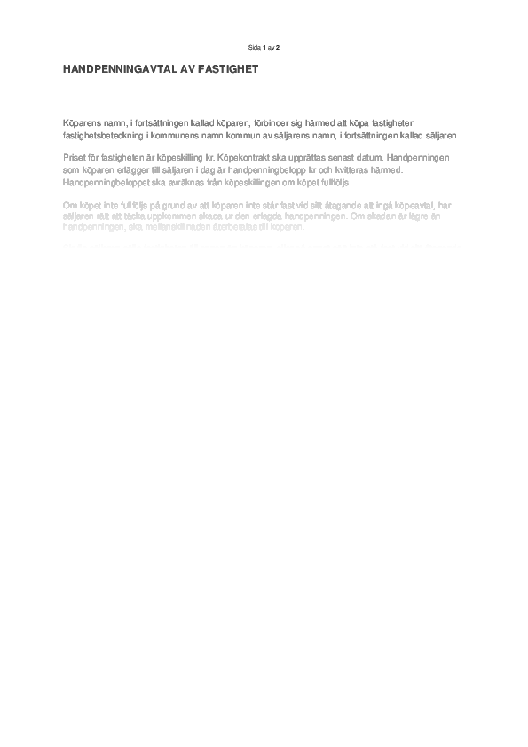 Handpenningavtal av fastighet