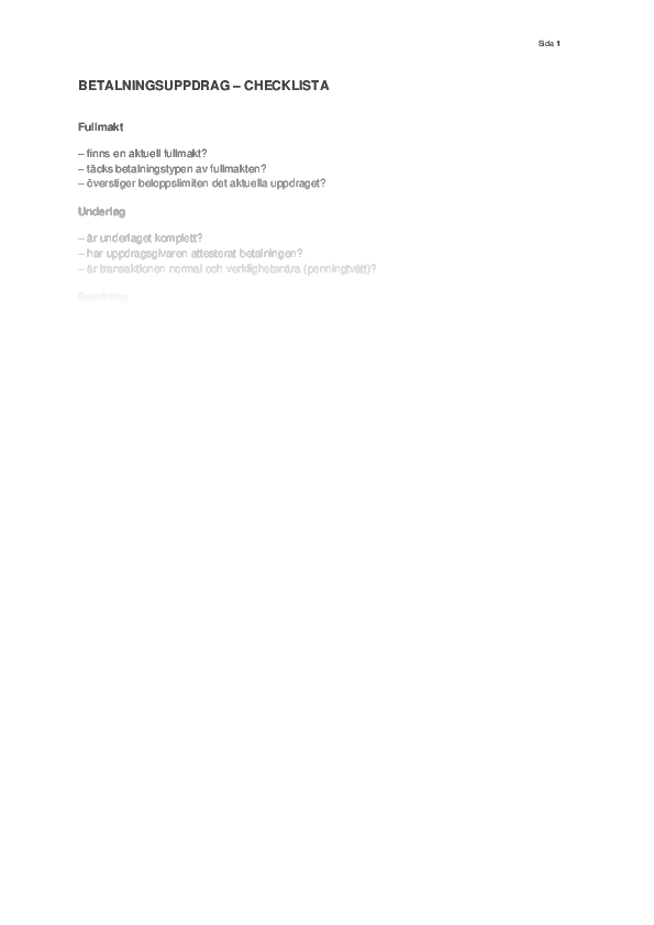 Betalningsuppdrag - Checklista