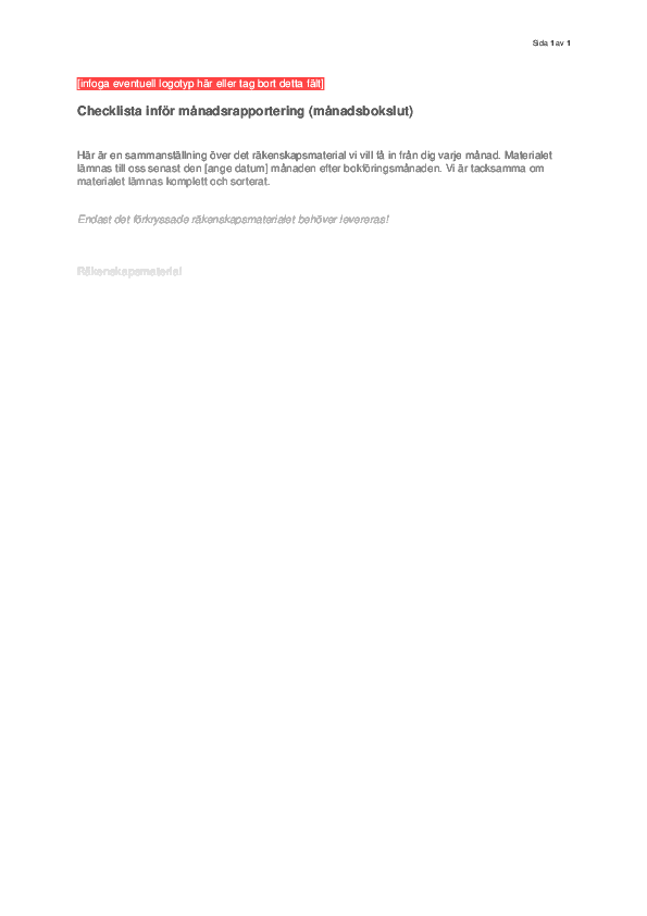 Checklista till kunden inför månadsrapportering